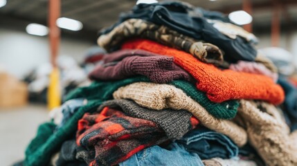 Clothing stacked in a warehouse for sorting and distribution in early afternoon