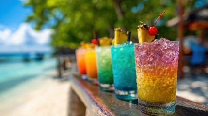 Colorful drinks lined up on a wooden bar by the beach during a sunny day