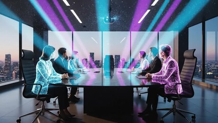 Futuristic Metaverse Business Meeting with Holographic Avatars and Real People in Modern Boardroom - Powered by Adobe