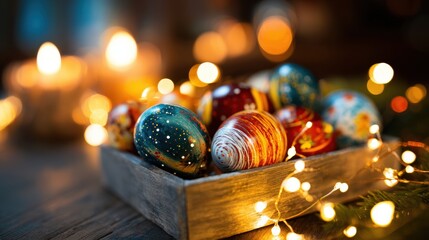 Colorful eggs in a wooden box surrounded by candles and lights
