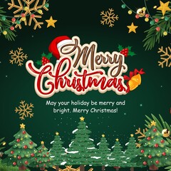 Merry Christmas Greeting Card With Festive Trees on Green Background