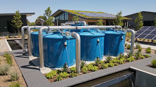 Sustainable Water Management System - This video shows a modern water management system with several blue water tanks connected by silver pipes.