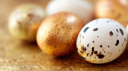 Obraz premium Colorful eggs sit on a gold surface during a spring celebration time