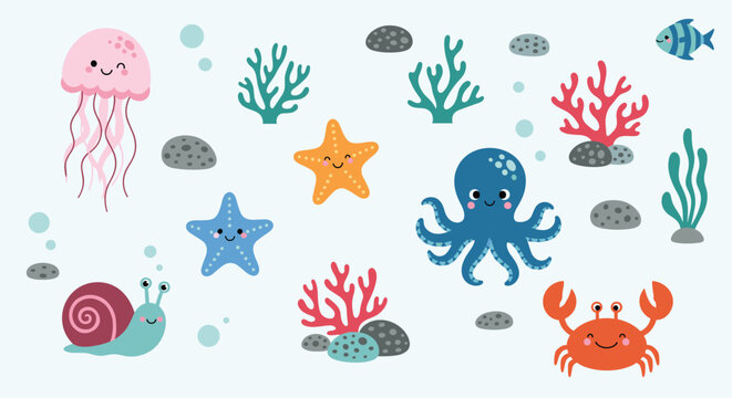 A cute and colorful underwater pattern with various sea creatures like an octopus jellyfish crab and starfish on a light blue background.