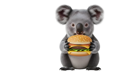 Koala holding a burger with both paws, funny contrast, realistic fur, isolated