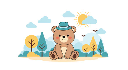 Fototapeta premium A cute and friendly brown teddy bear wearing a blue hat sits in a beautiful forest landscape with trees and a sun.