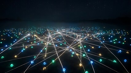 Network of Lights: A mesmerizing network of interconnected lights, symbolizing a complex web of data transfer across a dark background, reflecting the vastness of the digital universe.