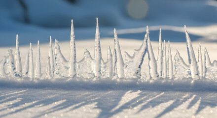 Ice spikes formed on snow creating a natural winter landscape  