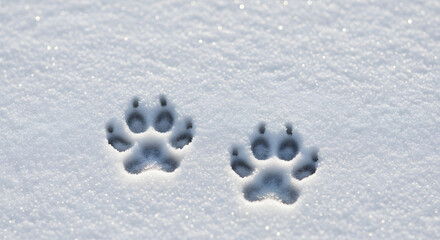 Paw prints of animal in fresh white snow on winter ground  