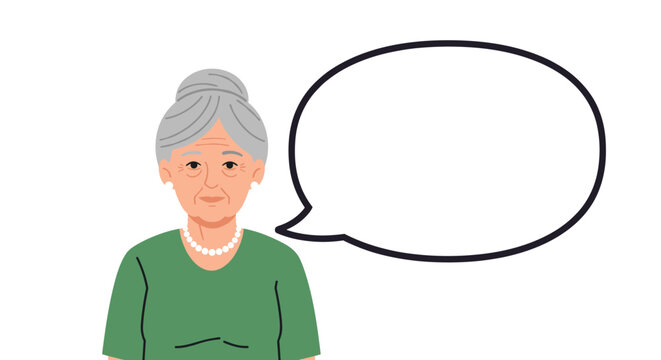 A friendly elderly woman with gray hair in a bun and a pearl necklace looks on with a large empty speech bubble for text.