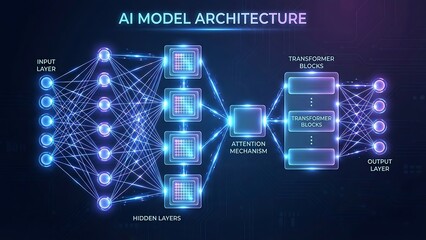 AI Model Architecture: An abstract depiction of an AI model's architecture, showcasing the complex interplay of layers, blocks, and mechanisms. Illuminating the core of modern machine intelligence.