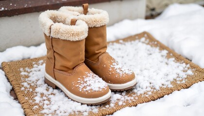 Winter boots on a doormat covered with snow in outdoor setting  