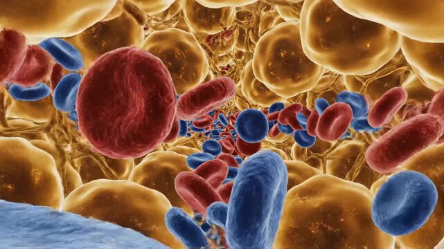 Blood Cells and Fat Cells in the Bloodstream - Microscopic view inside a blood vessel filled with red and blue blood cells and large yellow fat cells.