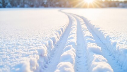 Snow-covered landscape with tire tracks under sunlight 