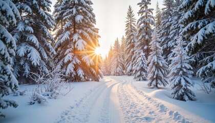 Snowy forest pathway with sunlight shining through trees in winter  