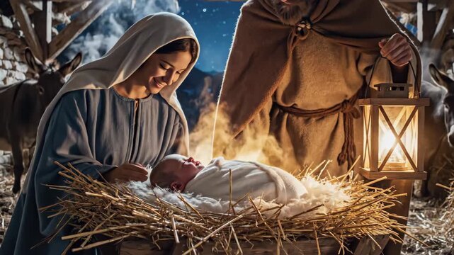 Nativity Scene with Holy Family - A serene depiction of the nativity scene features Mary gazing lovingly at baby Jesus lying in a manger filled with straw, while Joseph stands nearby holding a
