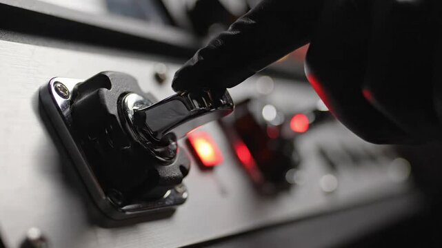 Close up of gloved hand flipping toggle switch to activate red light on metal control panel