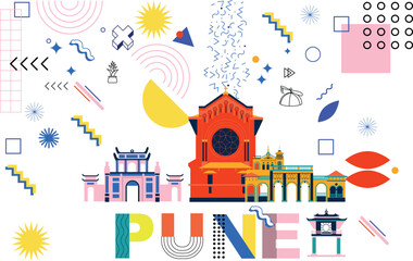 Obraz premium Pune culture travel set, Indian famous architectures and Memphis specialties in flat design. Business travel and tourism concept clipart. Image for presentation, banner, website, advert, flyer roadmap