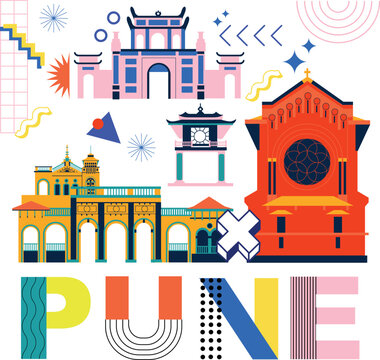 Pune culture travel set, Indian famous architectures and Memphis specialties in flat design. Business travel and tourism concept clipart. Image for presentation, banner, website, advert, flyer roadmap