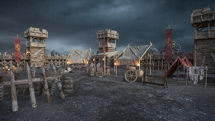 Fototapeta premium Medieval army fortress camp with wooden walls and watch towers. 3D render.