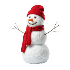 Smiling Snowman with Red Scarf and Hat Standing Isolated on White