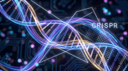 CRISPR gene editing technology illustrated with glowing DNA helix