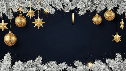Festive Christmas and New Year holiday backdrop with elegant frosted winter fir branches and sparkling golden ornaments, ideal for seasonal celebrations