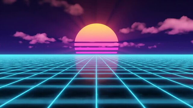 Vertical animated 80s synthwave landscape with a glowing neon grid. Retro futuristic sun on the horizon with pink clouds. Vaporwave and retrowave aesthetic background