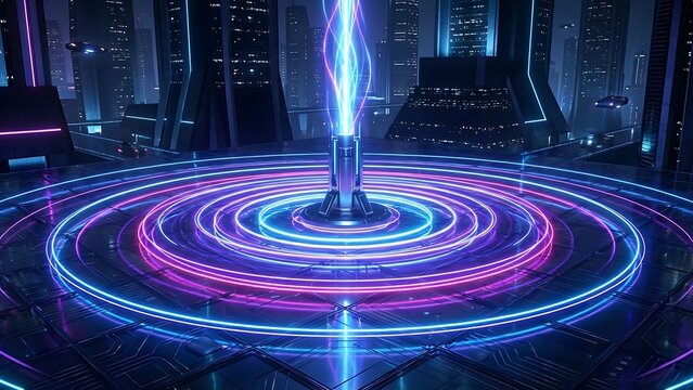 Futuristic Technology Hub: The image showcases a state-of-the-art technological hub, bathed in neon light, with the focus on a central energy beam - Powered by Adobe