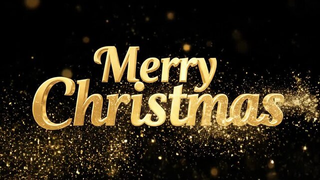 Merry Christmas golden text animation with glitter particles. Festive holiday greeting reveal on a black background. Elegant motion graphic for a seasonal celebration