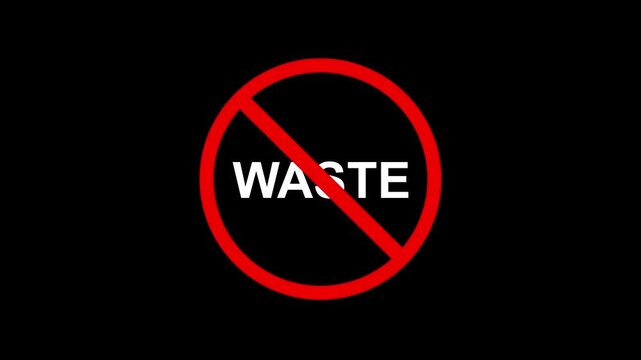 no waste allowed symbol with glowing red circle. zero waste lifestyle graphic with crossed out text. stop waste concept with red prohibition symbol. red no waste warning sign on black background.