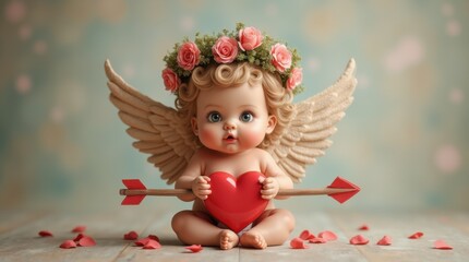 Fototapeta premium Cute cherub Cupid with floral wreath and love arrows