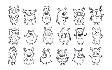 big set of cartoon monsters. Cute monsters in doodle style. Kids funny character design for posters, cards, magazins. Line. 