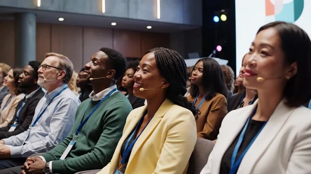 A diverse audience of professionals listening attentively at a business conference. Multi-ethnic group engaged in a corporate seminar. Professional development and education concept