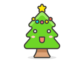 Cute Cartoon Kawaii Christmas Tree with Star and Baubles