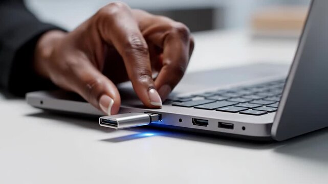 Close up of African American business woman hands inserting silver USB flash drive into laptop port for data transfer and storage backup at modern office desk