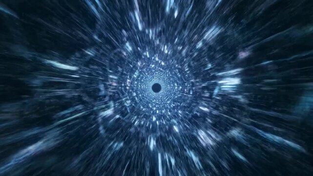 Fast flight through a futuristic digital light tunnel. Abstract hyperspace travel animation. High-speed data and technology concept