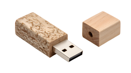 Wooden usb flash drive with maple wood housing and cap, isolated on white background, made from natural wood, eco friendly storage device with silver metal connector