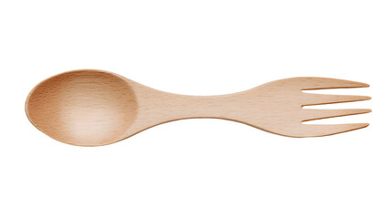 A smooth birch wood spork spoon fork hybrid on a white background, showcasing its unique design and texture, ideal for eco friendly dining