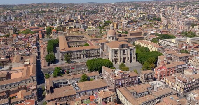 Aerial view of the church of San Nicol&ograve; l'Arena, a Roman Catholic church, and its adjacent and enormous Benedictine monastery in the city of Catania, Sicily, southern Italy. Facade faces Piazza Dante.