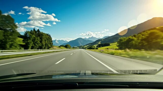 Scenic Highway Road Trip - A driver's eye view from inside a car traveling on a highway through a picturesque mountain landscape. The road is clear and the sky is blue, creating a serene atmosphere.