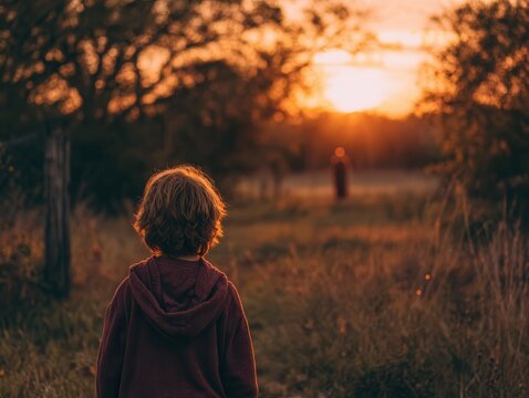 a child looks at a fig in the distance at sunset