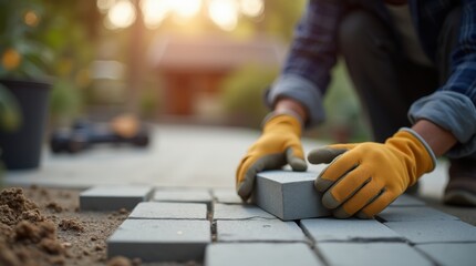 Landscaper positioning paver stones gloved hands defocused greenery
