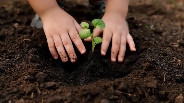 Close-up of a child&rsquo;s hands planting a small green seedling in rich soil. Concept of growth, sustainability, education, environment, future, care for nature and eco-friendly lifestyle