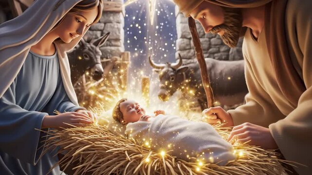 Nativity Scene with Holy Family - This video depicts the nativity scene with Mary and Joseph watching over baby Jesus lying in a manger filled with hay.