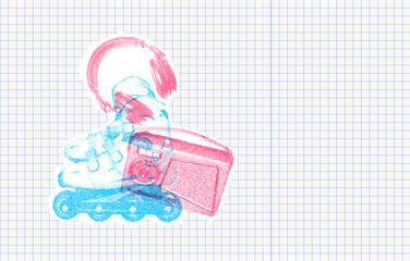 Risograph Print with Photocopy Effect Featuring a Roller Skate, Headphones, and Radio on graph paper