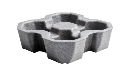 Molded pulp packaging insert with complex geometry for protecting fragile items, made from recycled paper, gray color, isolated on white background