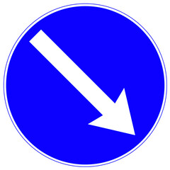 White Diagonal Down Right Arrow Traffic Sign PNG – Blue Circular Mandatory Direction Symbol with Transparent Background