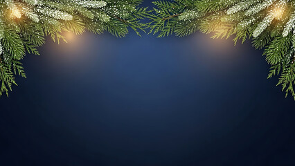 Festive Christmas Spruce Branches with Snowy Tips and Soft Bokeh Lights on a Dark Blue Background