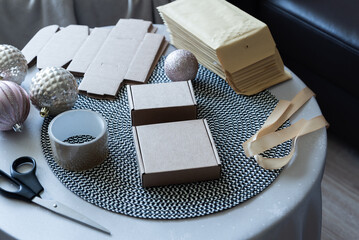 Packaging materials and cardboard boxes prepared for shipping